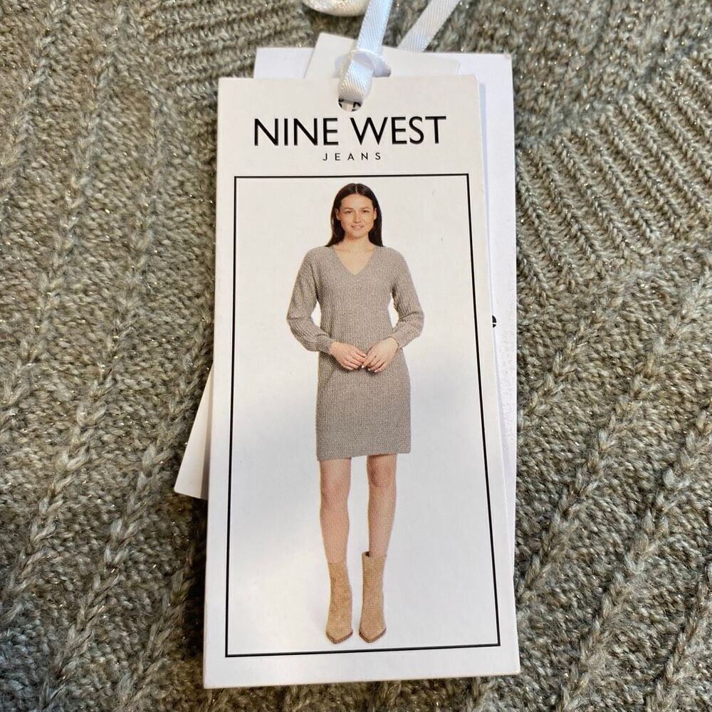 Nine West Jeans Ribbed Sweater Dress Light Olive Heather V Neck Size Small NWT